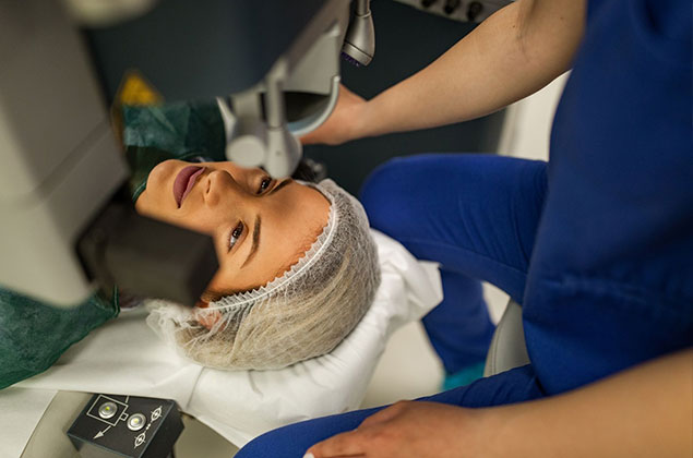 Patiente en train de subir une opération de chirurgie réfractive dans la Clinique des Yeux de Saint Etienne
